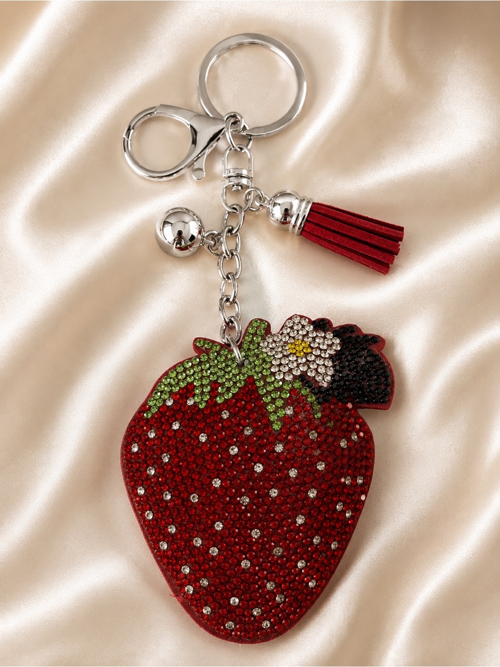Red Strawberry Bag Charm Keychain 3D Crystal Tassel Purse Charm
